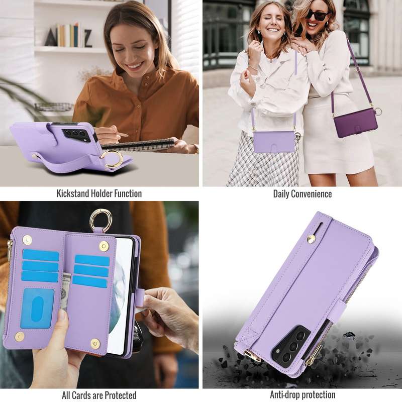 For Samsung Galaxy S21 5G Crossbody Ring Multifunctional Wallet Leather Phone Case(Purple)