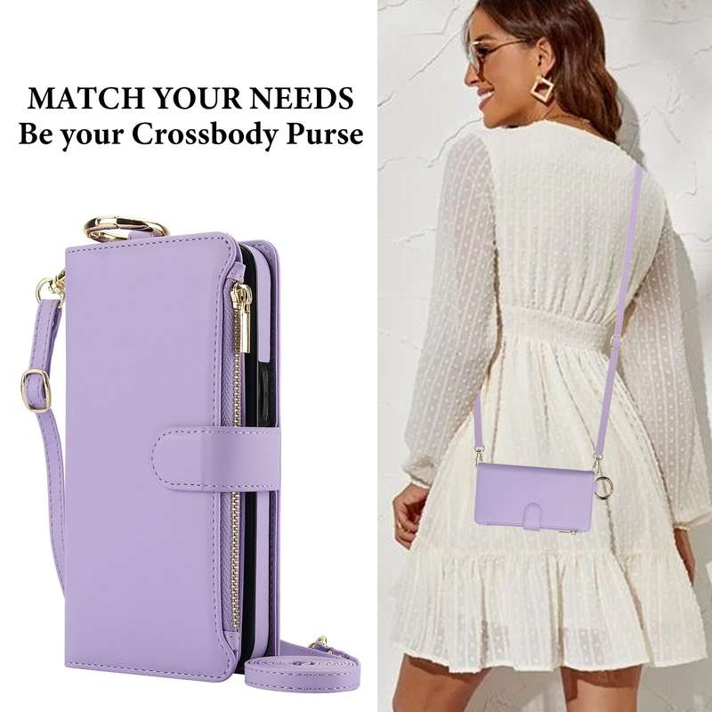 For Samsung Galaxy S21 5G Crossbody Ring Multifunctional Wallet Leather Phone Case(Purple)