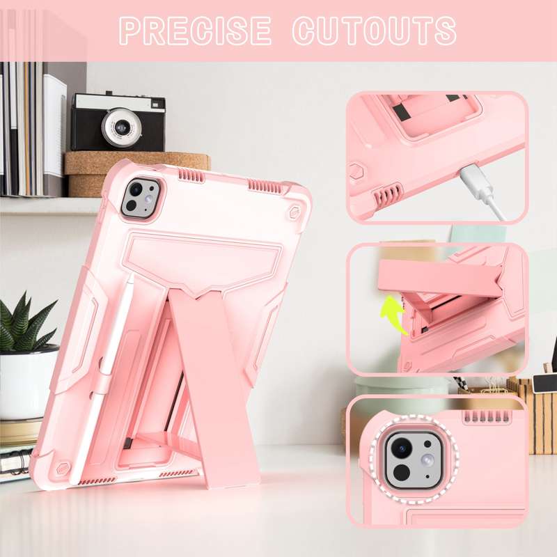 For iPad Pro 11 2024 T Holder Robot Silicone Hybrid PC Tablet Case(Rose Gold)
