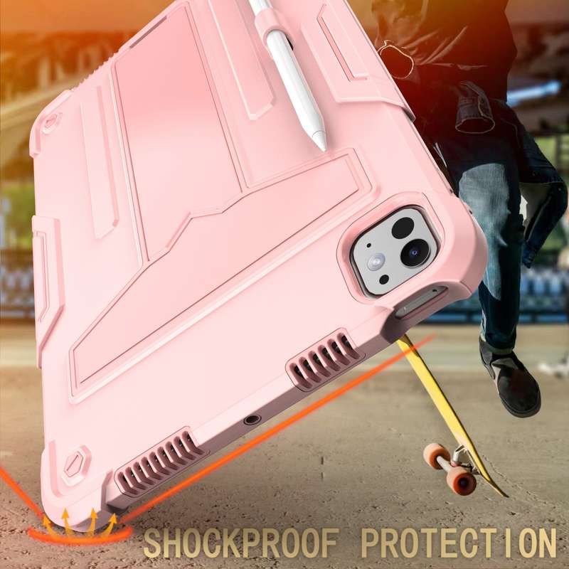 For iPad Pro 11 2024 T Holder Robot Silicone Hybrid PC Tablet Case(Rose Gold)