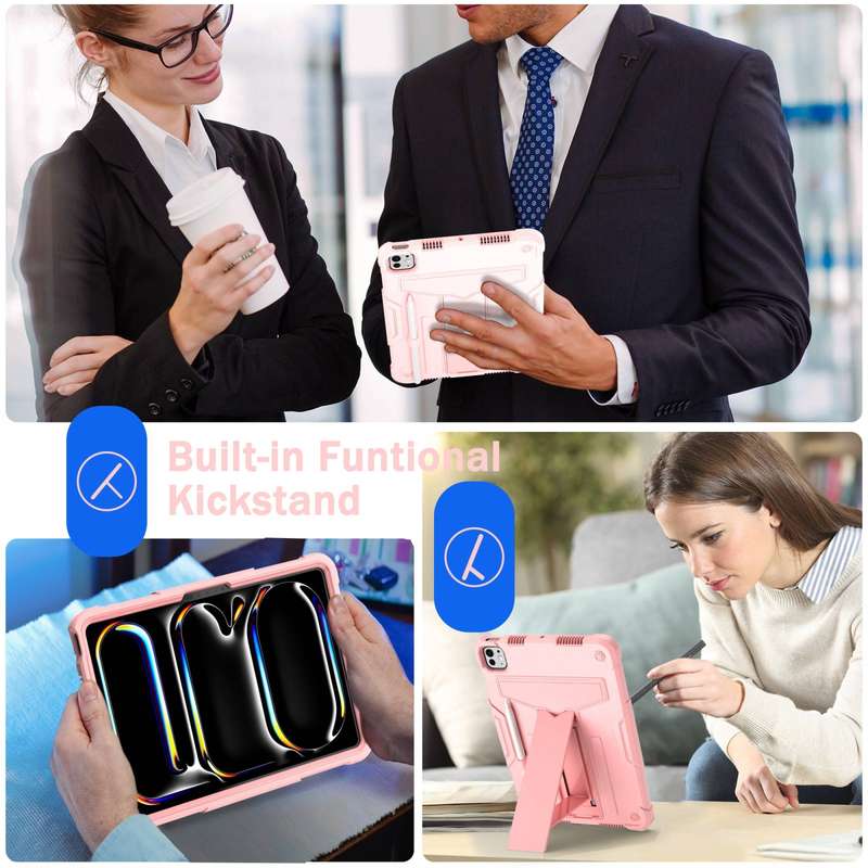 For iPad Pro 11 2024 T Holder Robot Silicone Hybrid PC Tablet Case(Rose Gold)