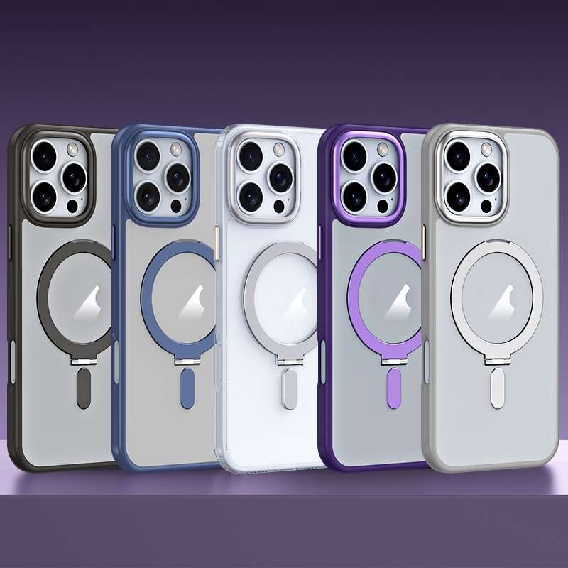 For iPhone 16 MagSafe Airbag Shockproof Frosted Phone Case with Fold Holder(Silver)