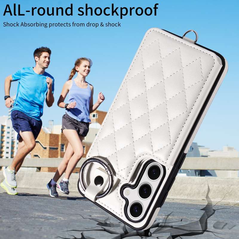 For Samsung Galaxy S24 5G Rhombic Texture Card Bag Phone Case with Short Lanyard(White)