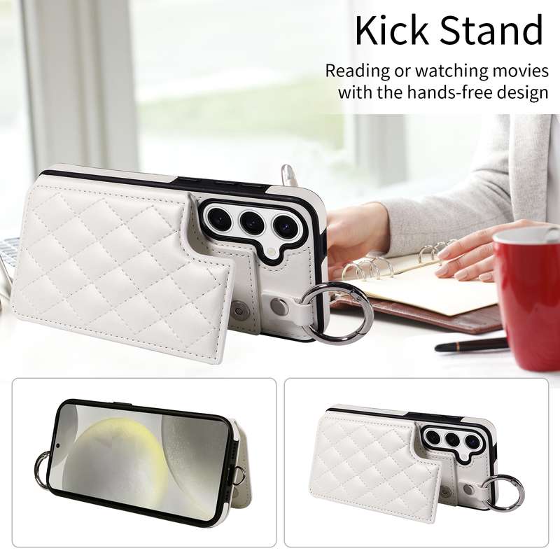 For Samsung Galaxy S24 5G Rhombic Texture Card Bag Phone Case with Short Lanyard(White)