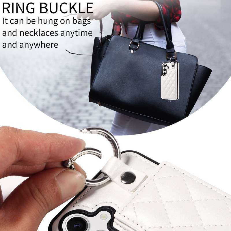For Samsung Galaxy S24 5G Rhombic Texture Card Bag Phone Case with Short Lanyard(White)