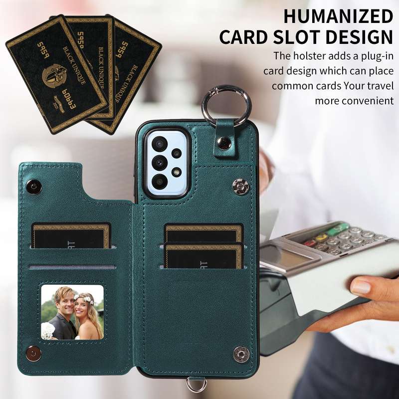 For Samsung Galaxy A23 Rhombic Texture Card Bag Phone Case with Short Lanyard(Green)