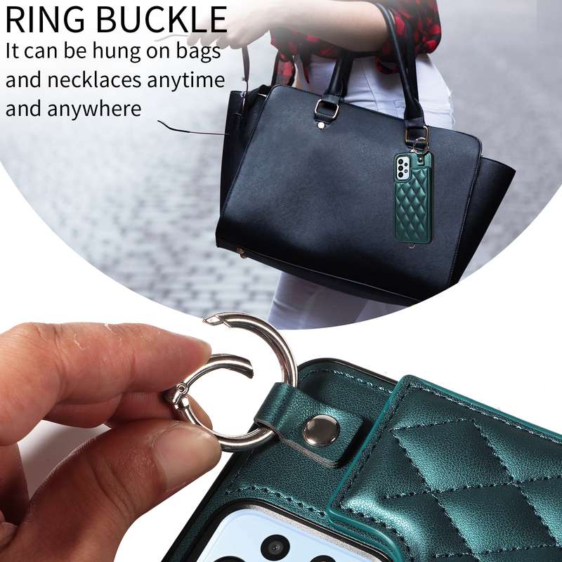 For Samsung Galaxy A23 Rhombic Texture Card Bag Phone Case with Short Lanyard(Green)
