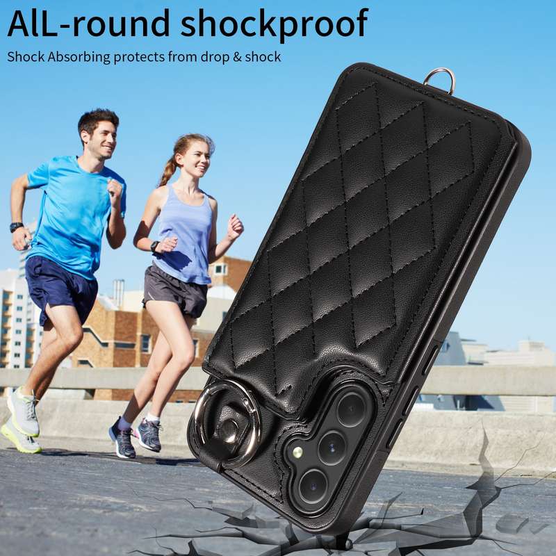For Samsung Galaxy A54 5G Rhombic Texture Card Bag Phone Case with Short Lanyard(Black)
