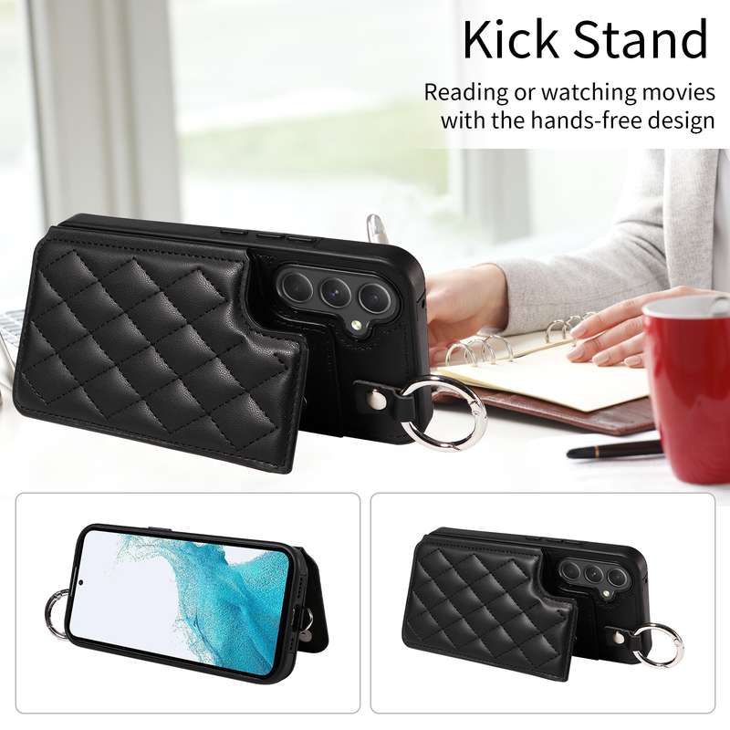 For Samsung Galaxy A54 5G Rhombic Texture Card Bag Phone Case with Short Lanyard(Black)