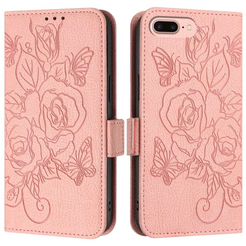 For iPhone 8 Plus / 7 Plus Embossed Rose RFID Anti-theft Leather Phone Case(Pink)