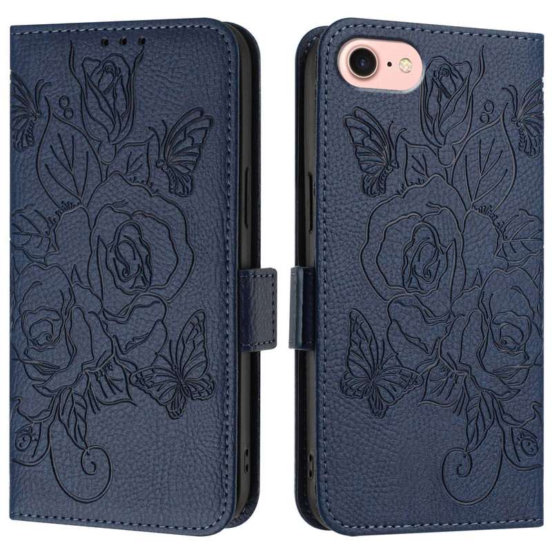 For iPhone SE 2024 Embossed Rose RFID Anti-theft Leather Phone Case(Dark Blue)