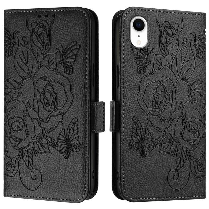 For iPhone XR Embossed Rose RFID Anti-theft Leather Phone Case(Black)