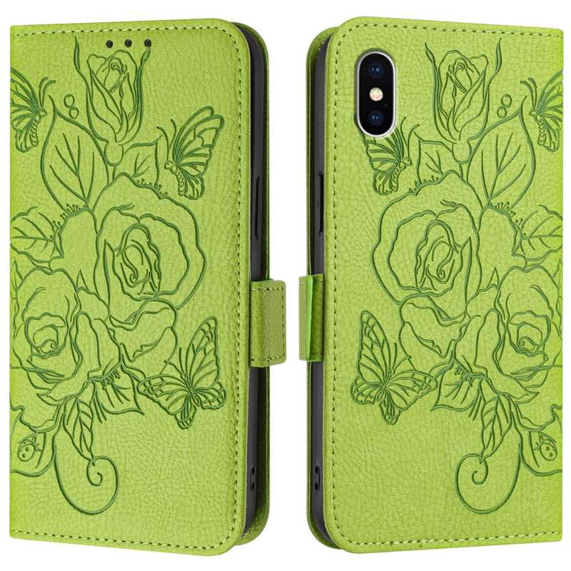 For iPhone XS Max Embossed Rose RFID Anti-theft Leather Phone Case(Green)