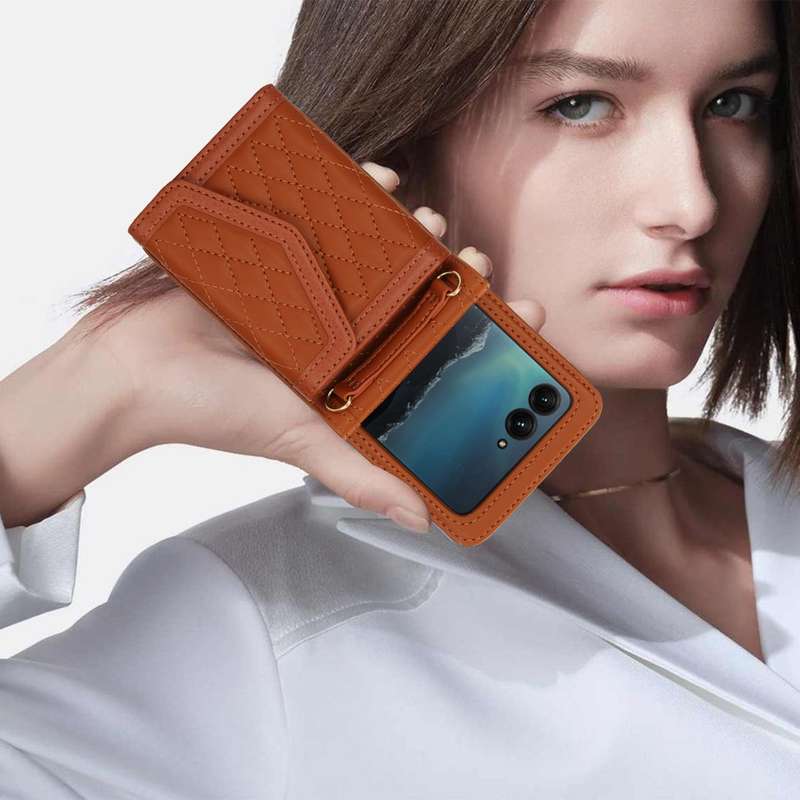 For Motorola Razr 40 Ultra Splicing Rhombic Texture Phone Case with Long & Short Lanyard(Brown)