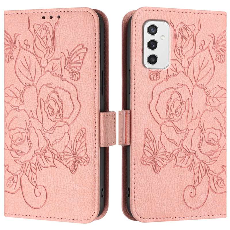 For Samsung Galaxy M52 5G Embossed Rose RFID Anti-theft Leather Phone Case(Pink)