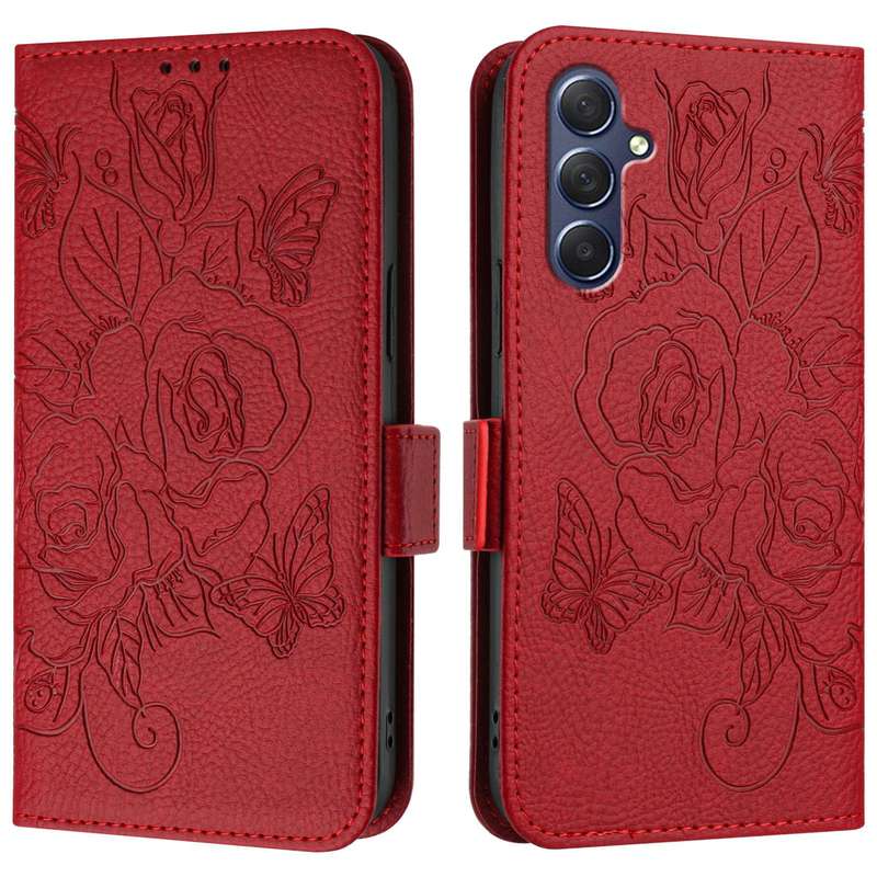 For Samsung Galaxy M54 5G Global / F54 5G Embossed Rose RFID Anti-theft Leather Phone Case(Red)