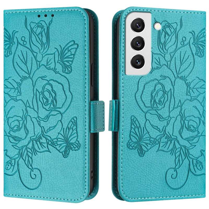 For Samsung Galaxy S22 5G Embossed Rose RFID Anti-theft Leather Phone Case(Light Blue)