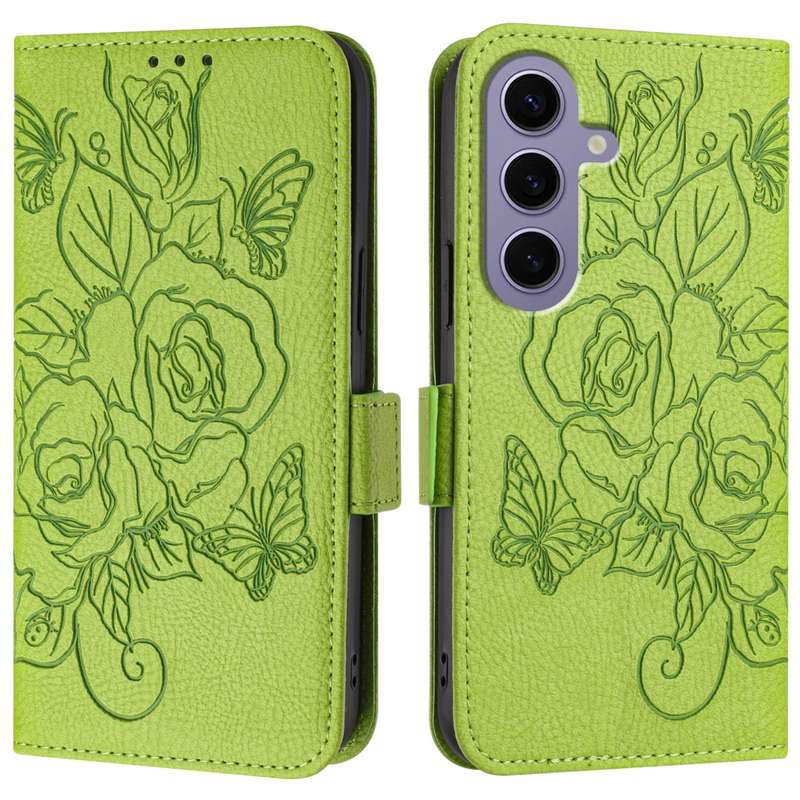 For Samsung Galaxy S24 5G Embossed Rose RFID Anti-theft Leather Phone Case(Green)