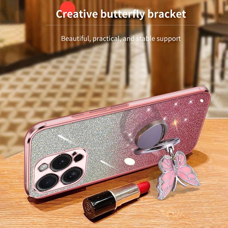 For iPhone 14 Pro Max Plated Gradient Glitter Butterfly Holder TPU Phone Case(Silver)