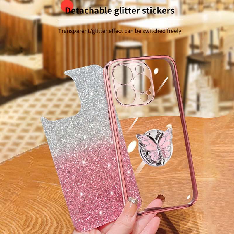 For iPhone 14 Pro Max Plated Gradient Glitter Butterfly Holder TPU Phone Case(Silver)