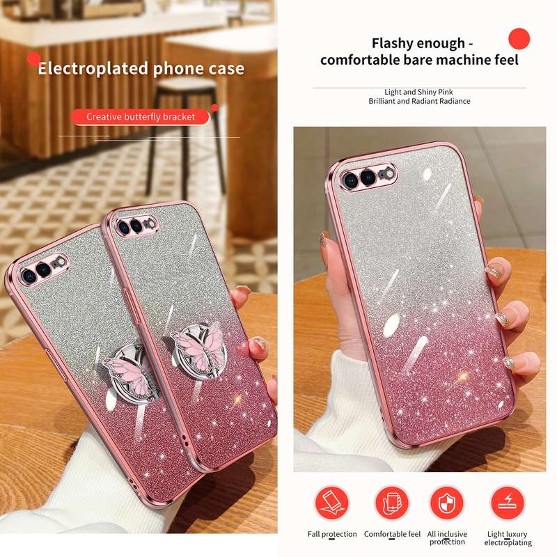 For iPhone 7 Plus / 8 Plus Plated Gradient Glitter Butterfly Holder TPU Phone Case(Black)