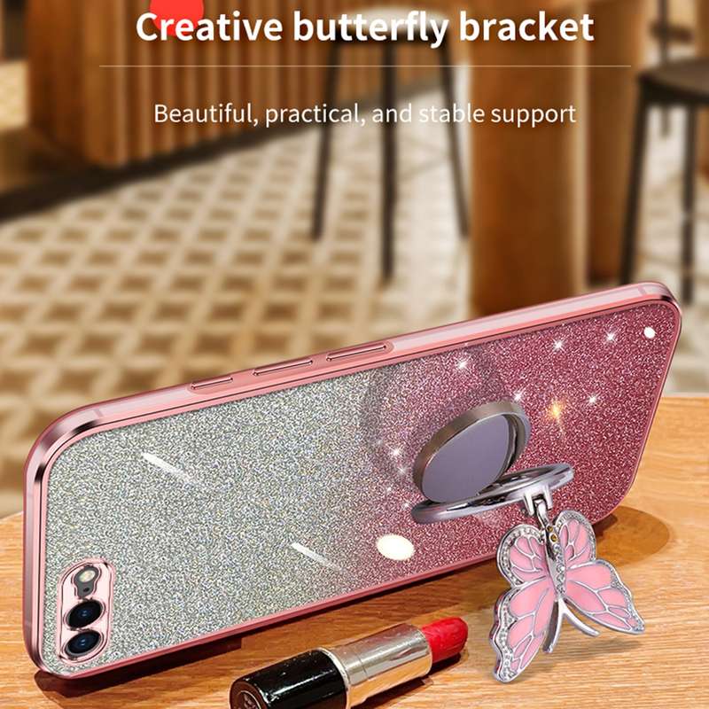 For iPhone 7 Plus / 8 Plus Plated Gradient Glitter Butterfly Holder TPU Phone Case(Black)