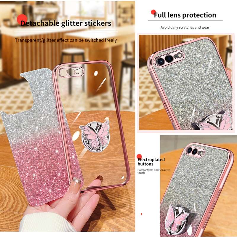 For iPhone 7 Plus / 8 Plus Plated Gradient Glitter Butterfly Holder TPU Phone Case(Black)
