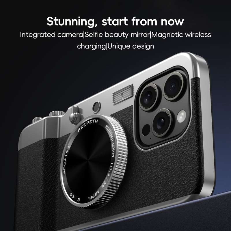 For iPhone 14 3D Retro Bluetooth Camera Magsafe Mirror Phone Case(Brown)
