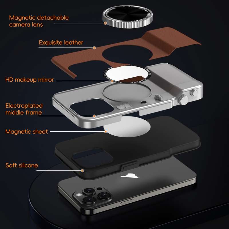 For iPhone 14 3D Retro Bluetooth Camera Magsafe Mirror Phone Case(Brown)