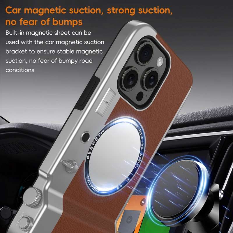 For iPhone 14 3D Retro Bluetooth Camera Magsafe Mirror Phone Case(Brown)