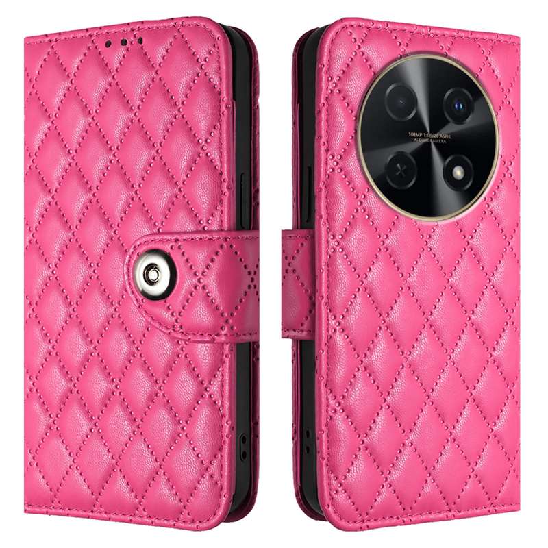 For Huawei nova 12i Rhombic Texture Flip Leather Phone Case with Lanyard(Rose Red)