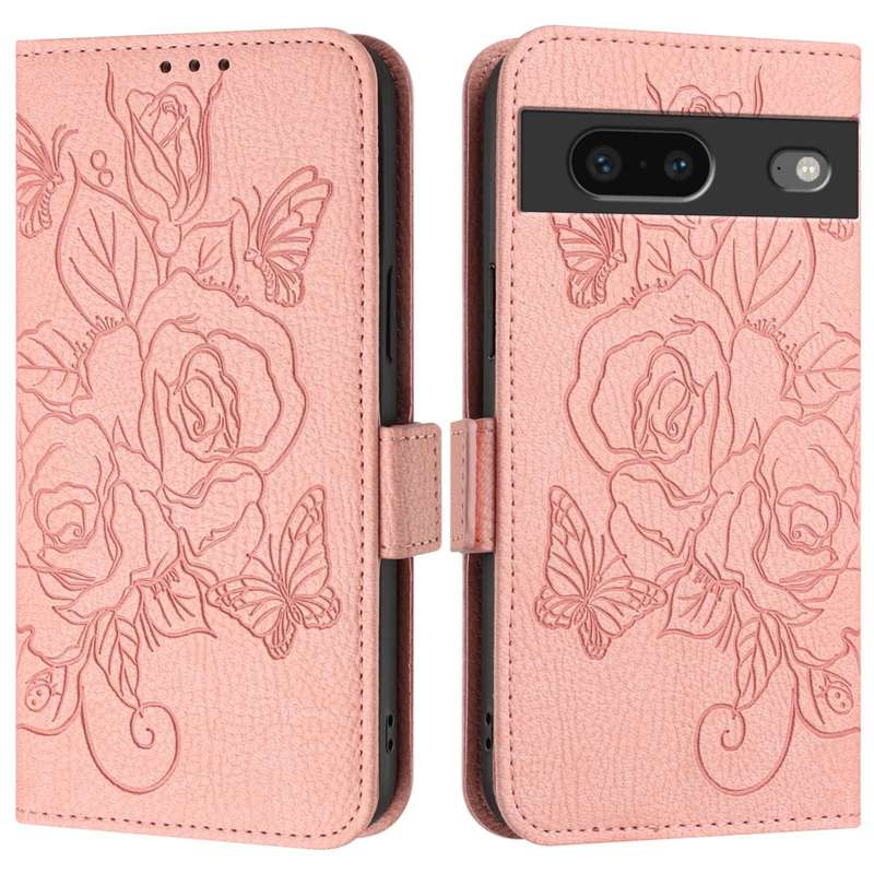 For Google Pixel 7 Embossed Rose RFID Anti-theft Leather Phone Case(Pink)