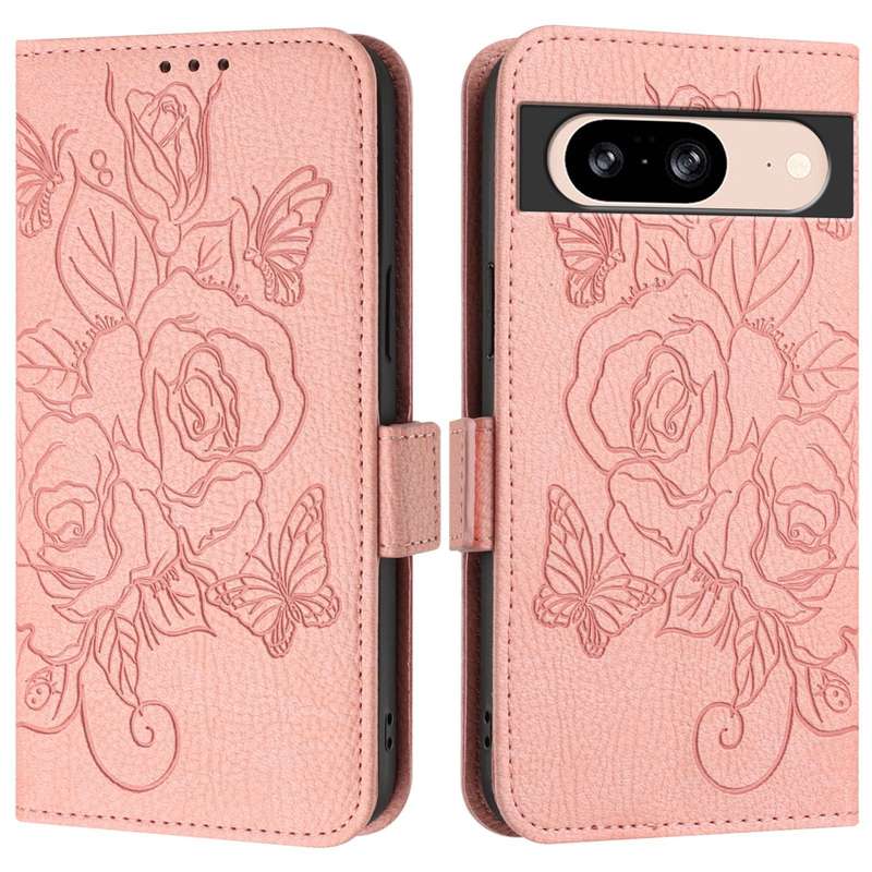 For Google Pixel 8 Embossed Rose RFID Anti-theft Leather Phone Case(Pink)