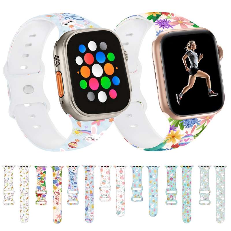 For Apple Watch SE 2023 40mm Butterfly Buckle Easter Printed Silicone Watch Band(Easter Egg Gre
