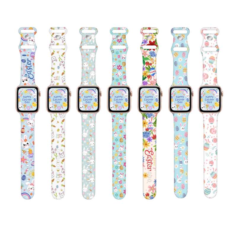 For Apple Watch SE 2023 40mm Butterfly Buckle Easter Printed Silicone Watch Band(Easter Egg Gre