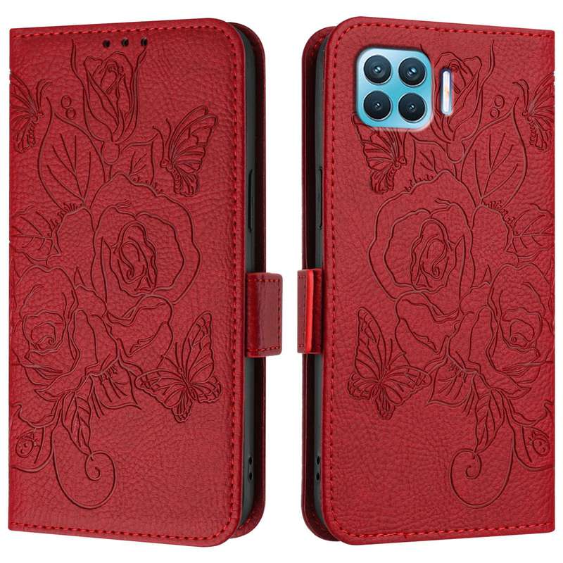 For OPPO Reno4 Lite / Reno4 F Embossed Rose RFID Anti-theft Leather Phone Case(Red)