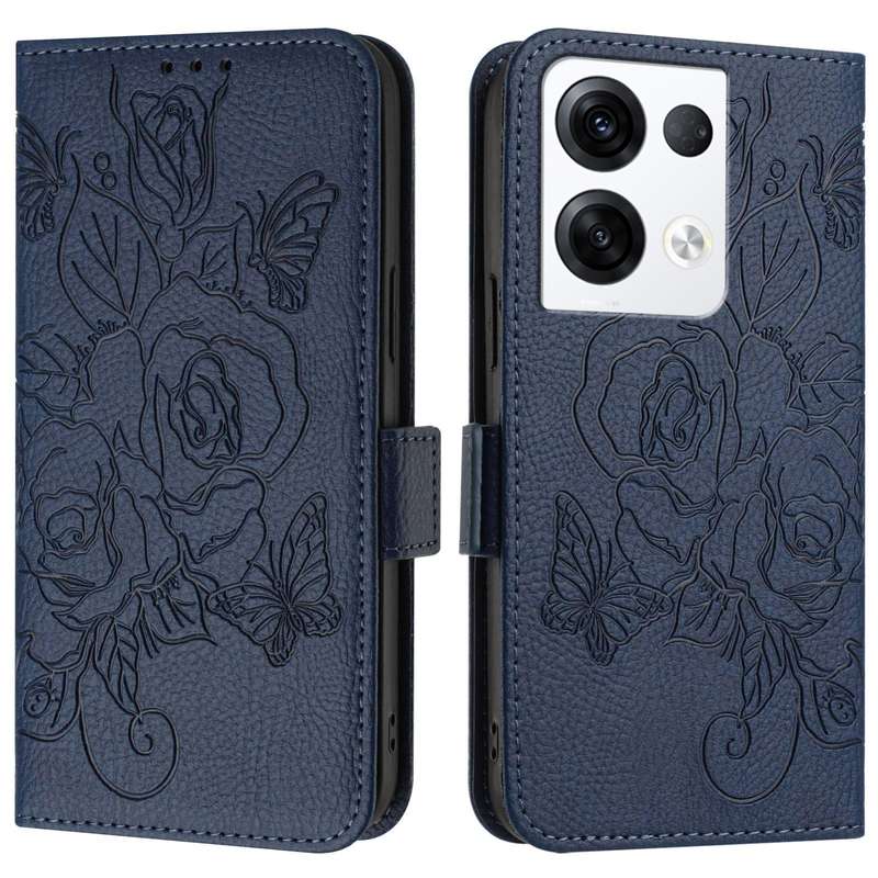 For OPPO Reno8 Pro 5G Global Embossed Rose RFID Anti-theft Leather Phone Case(Dark Blue)