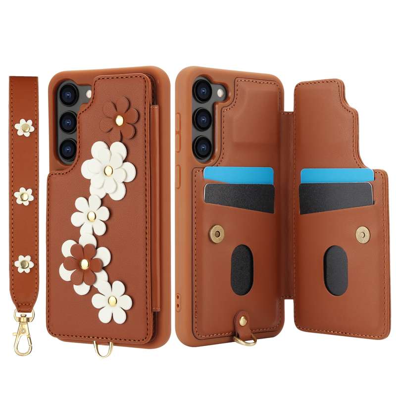 For Samsung Galaxy S22+ 5G Crossbody Flower Pattern Leather Phone Case(Brown)