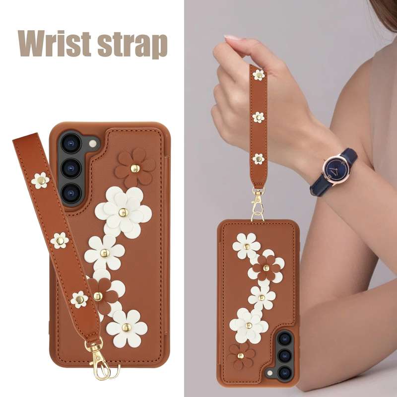 For Samsung Galaxy S22+ 5G Crossbody Flower Pattern Leather Phone Case(Brown)