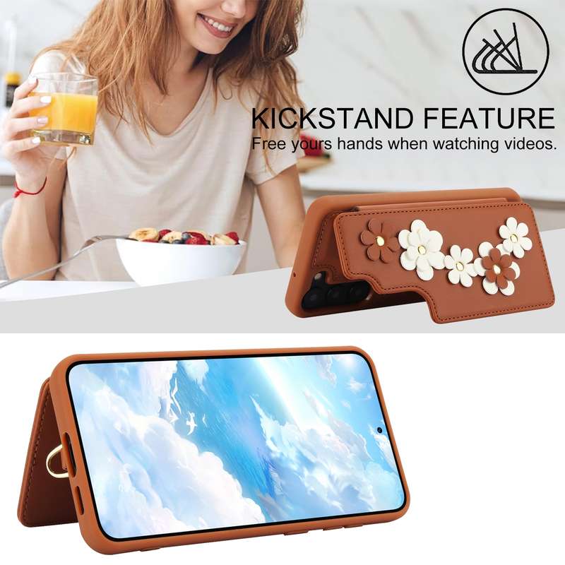 For Samsung Galaxy S22+ 5G Crossbody Flower Pattern Leather Phone Case(Brown)