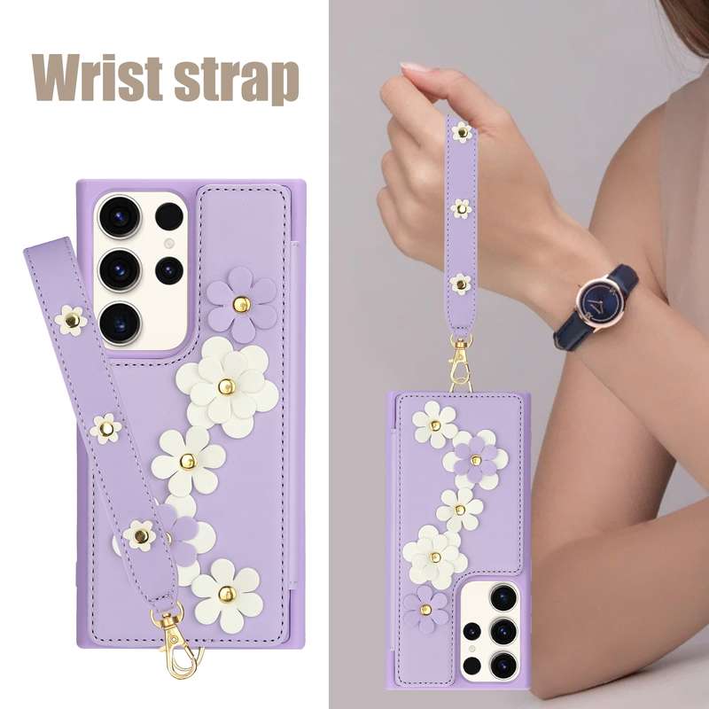 For Samsung Galaxy S22 Ultra 5G Crossbody Flower Pattern Leather Phone Case(Purple)
