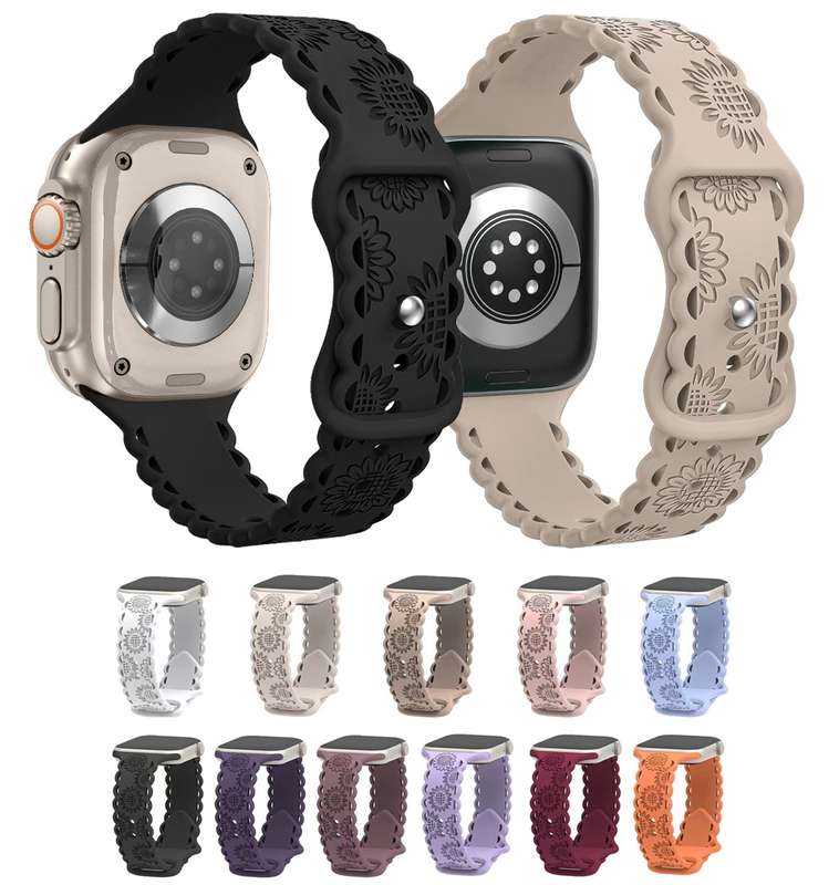 For Apple Watch Series 6 44mm Lace Sunflower Embossed Silicone Watch Band(Black)