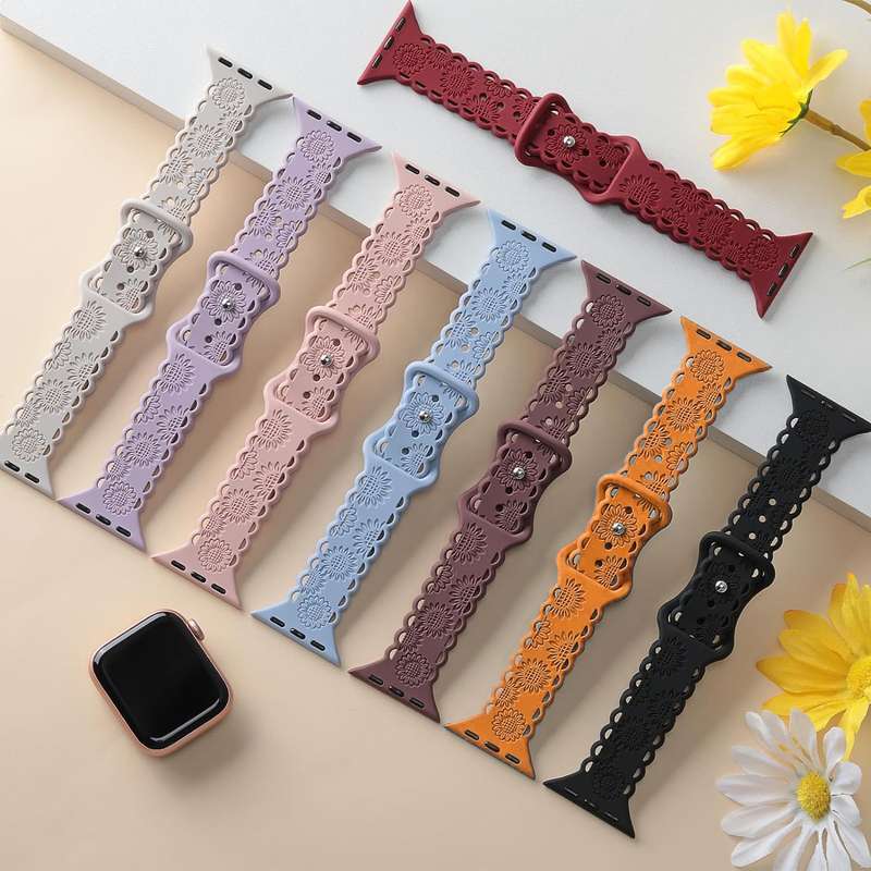 For Apple Watch Series 6 44mm Lace Sunflower Embossed Silicone Watch Band(Black)
