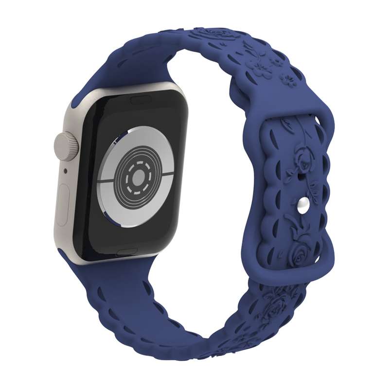 For Apple Watch Series 9 41mm Lace 3D Rose Embossed Silicone Watch Band(Navy Blue)