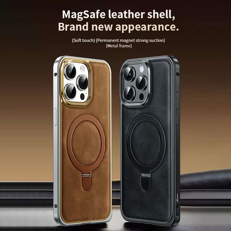 For iPhone 14 Metal Frame Oil Wax Leather MagSafe Phone Case with Spring Buckle Stand(Black)