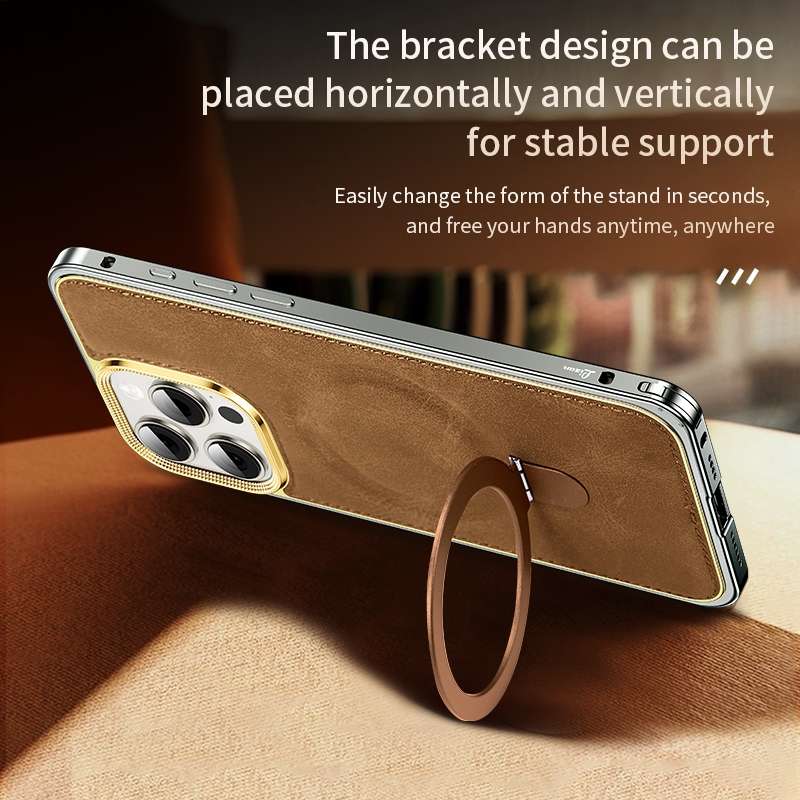 For iPhone 14 Metal Frame Oil Wax Leather MagSafe Phone Case with Spring Buckle Stand(Black)