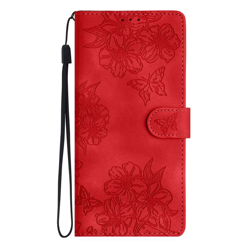 For Samsung Galaxy S25 Ultra 5G Cherry Blossom Butterfly Skin Feel Embossed PU Phone Case(Red)