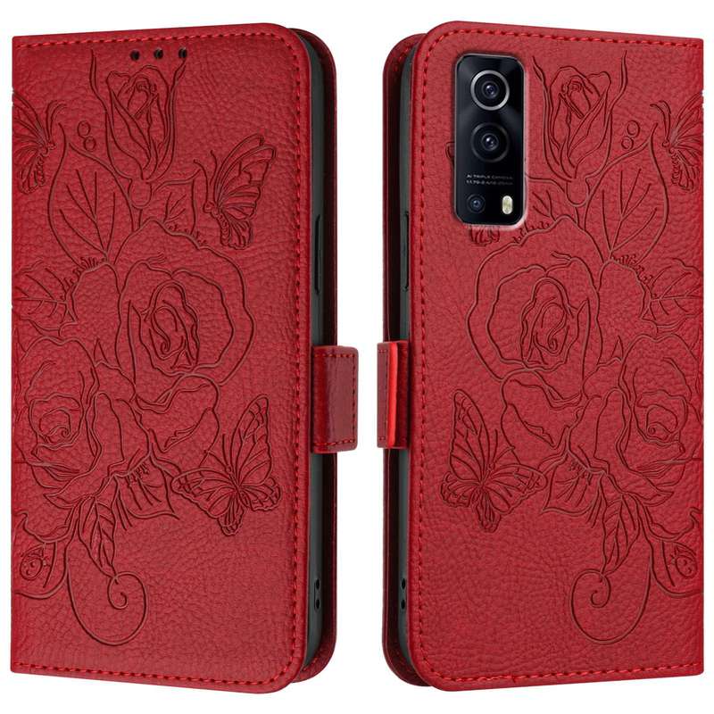 For vivo Y72 5G / Y52 5G / iQOO Z3 Embossed Rose RFID Anti-theft Leather Phone Case(Red)