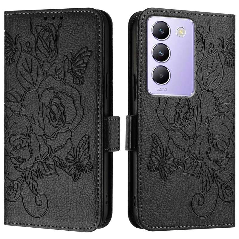 For vivo V30 Lite 5G India / V40 SE 5G Embossed Rose RFID Anti-theft Leather Phone Case(Black)