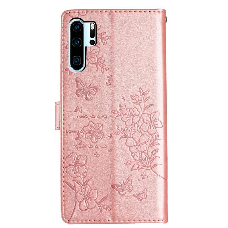 For Huawei P30 Pro Butterflies And Flowers Leather Phone Case(Rose Gold)